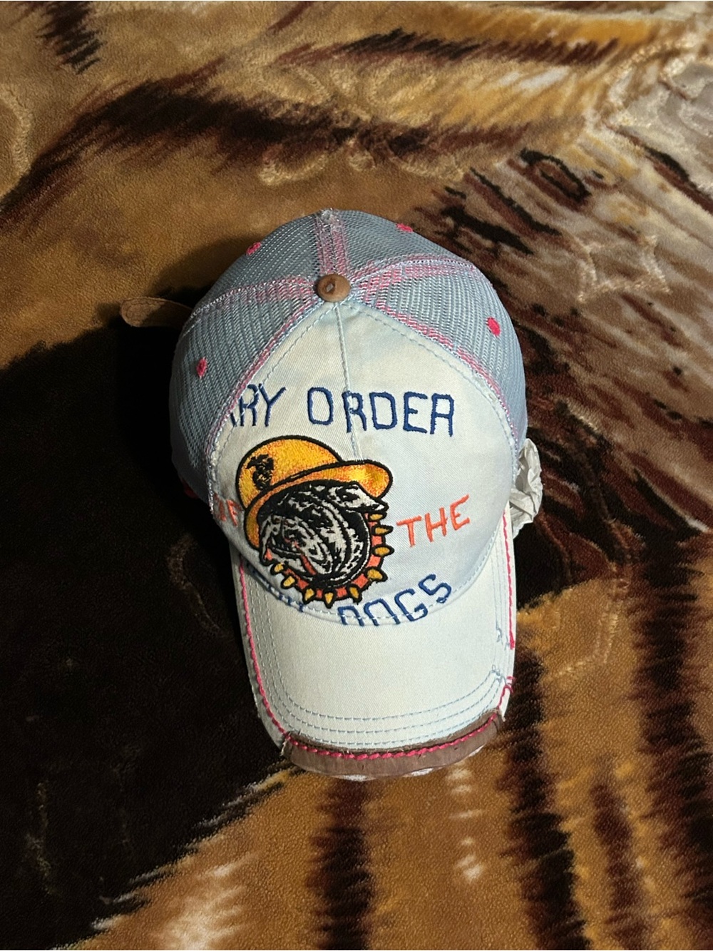 True Religion White and Light Blue Trucker Cap with bulldog